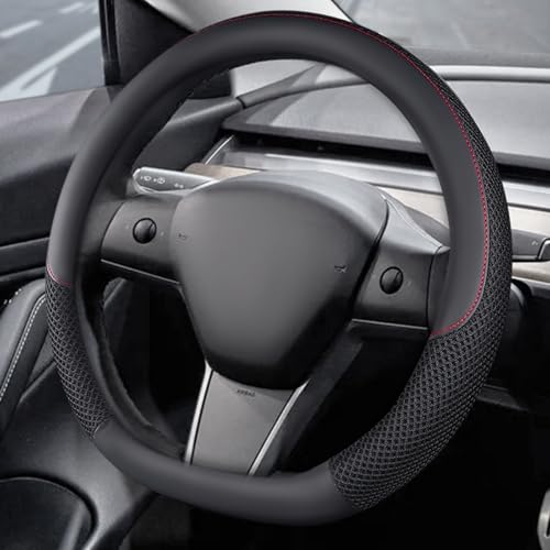 KAFEEK Steering Wheel Cover for Tesla Model 3/Y, Microfiber Leather Steering Wheel Protector, Breathable, Anti-Slip, Warm in Winter and Cool in Summer, for Tesla Model 3/Y Accessories, Black - Image 1
