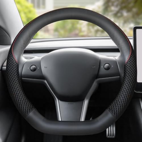 KAFEEK Steering Wheel Cover for Tesla Model 3/Y, Microfiber Leather Steering Wheel Protector, Breathable, Anti-Slip, Warm in Winter and Cool in Summer, for Tesla Model 3/Y Accessories, Black - Image 2