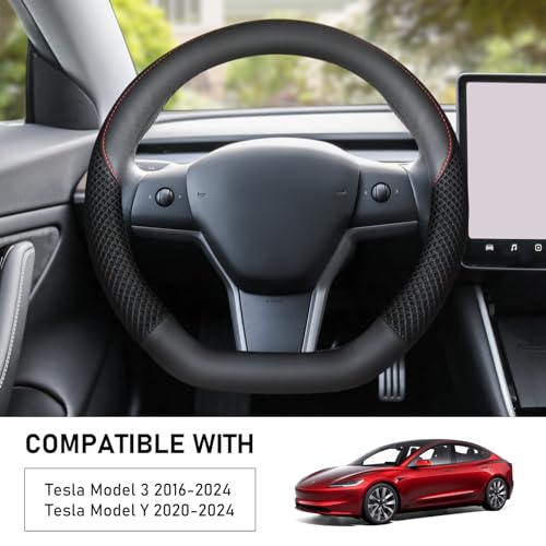 KAFEEK Steering Wheel Cover for Tesla Model 3/Y, Microfiber Leather Steering Wheel Protector, Breathable, Anti-Slip, Warm in Winter and Cool in Summer, for Tesla Model 3/Y Accessories, Black - Image 5