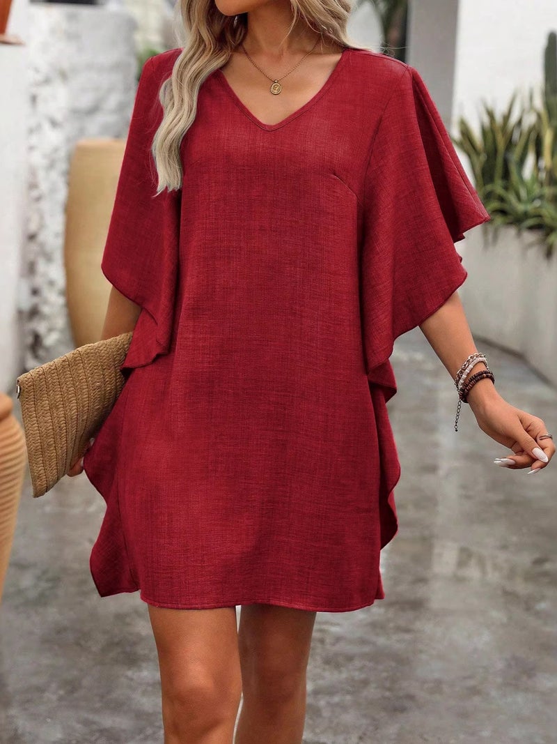 Women's V-Neck Flutter Sleeve Dress with Ruffle Hem Midi Length - Image 1