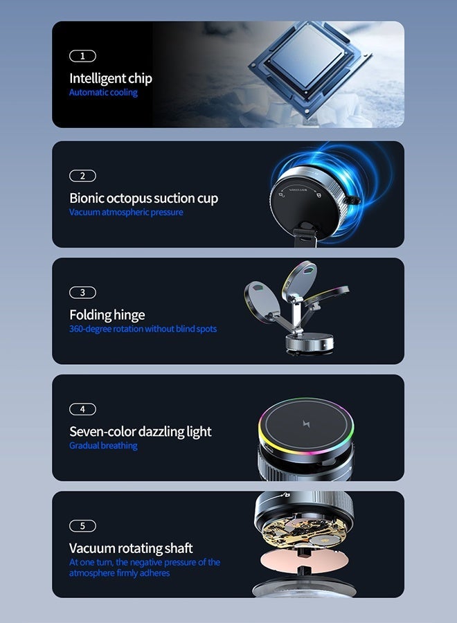 BASILKIT Magnetic Car Mount for Mobiles with 15W Wireless Charger, 360° Rotatable Metal Arm Vacuum Suction Cup Holder, Strong Magnetic Vacuum Adsorption Car Stand for Dashboard Windshield, Fast Charging Compatible iPhone 17/16/15 Series, Samsung S26 Ultra & All Android Smartphones Black - Image 2