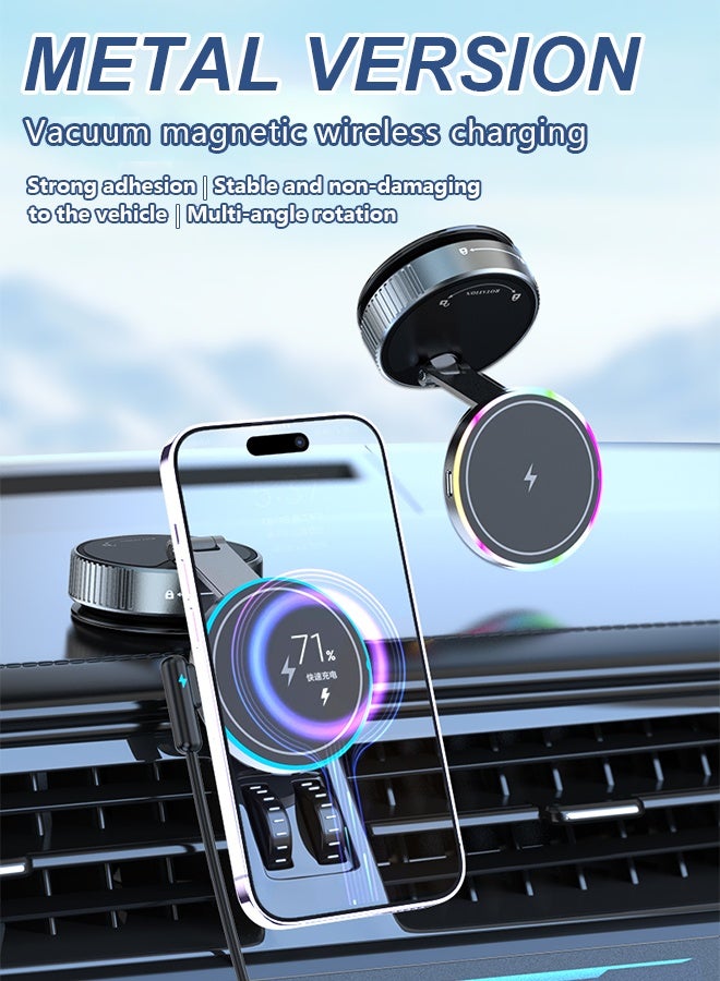 BASILKIT Magnetic Car Mount for Mobiles with 15W Wireless Charger, 360° Rotatable Metal Arm Vacuum Suction Cup Holder, Strong Magnetic Vacuum Adsorption Car Stand for Dashboard Windshield, Fast Charging Compatible iPhone 17/16/15 Series, Samsung S26 Ultra & All Android Smartphones Black - Image 1