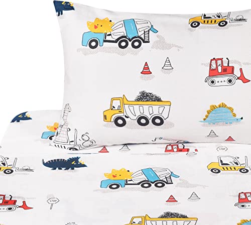 J-pinno Dinosaur Construction Work Digger Cars Vehicle Cute Cozy Fun Twin Sheet Set for Kids Girls Children, 100% Cotton, Flat Sheet + Fitted Sheet + Pillowcase Bedding Set (Dinosaur, Twin) - Image 2