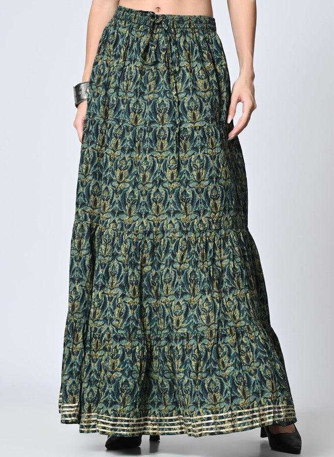 Rue Collection تنورة ماكسي طباعتها خضراء متعددة الطبقات للنساء - Image 1