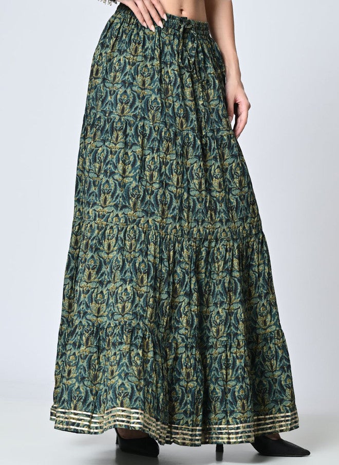 Rue Collection تنورة ماكسي طباعتها خضراء متعددة الطبقات للنساء - Image 2