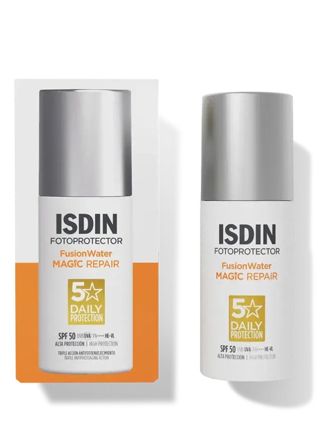 ISDIN فوتوبروتكتور فيوجن ووتر ماجيك ريبير SPF 50+ [50 مل] – واقي شمس للوجه مضاد للشيخوخة مع إصلاحات الحمض النووي لعكس الأضرار الناتجة عن الشمس - Image 1