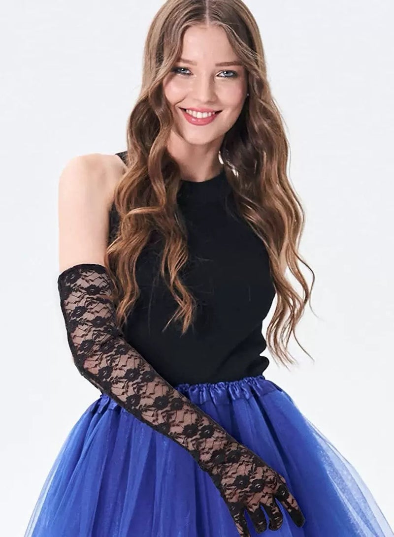 Lace Gloves Long Opera Gloves Elbow Length for Women Party Dress Costume Floral Prom Gloves Wedding_Black - Image 2