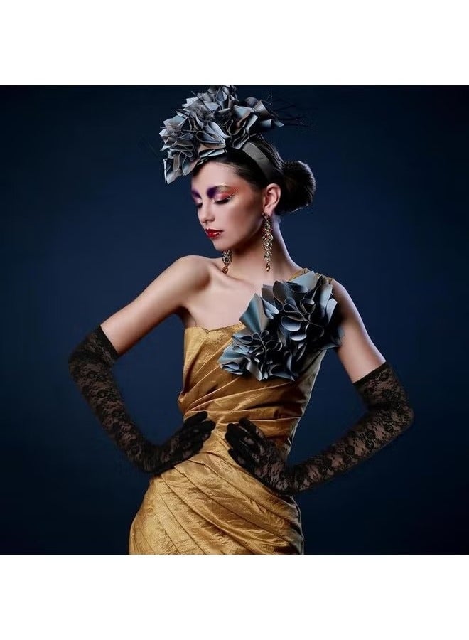 Lace Gloves Long Opera Gloves Elbow Length for Women Party Dress Costume Floral Prom Gloves Wedding_Black - Image 3