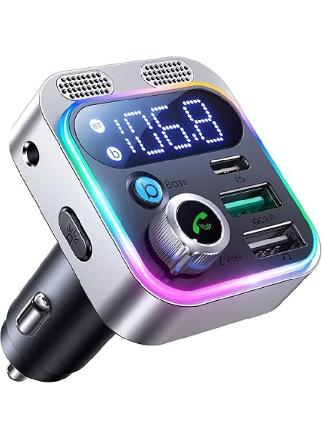 JOYROOM FM Transmitter Bluetooth 5.0 Adapter Car Hands-Free Kit 48W PD&QC3.0 Supports AUX Port & USB Stick Silver - Image 2