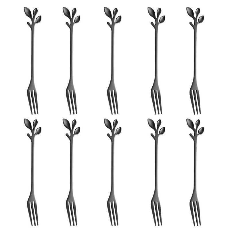 AnSaw 10Piece Black Mini Leaf Dessert Forks Set 47 Elegant Stainless Steel Fruit Appetizer Cake Salad Forks Perfect for Cocktail Parties Home Use