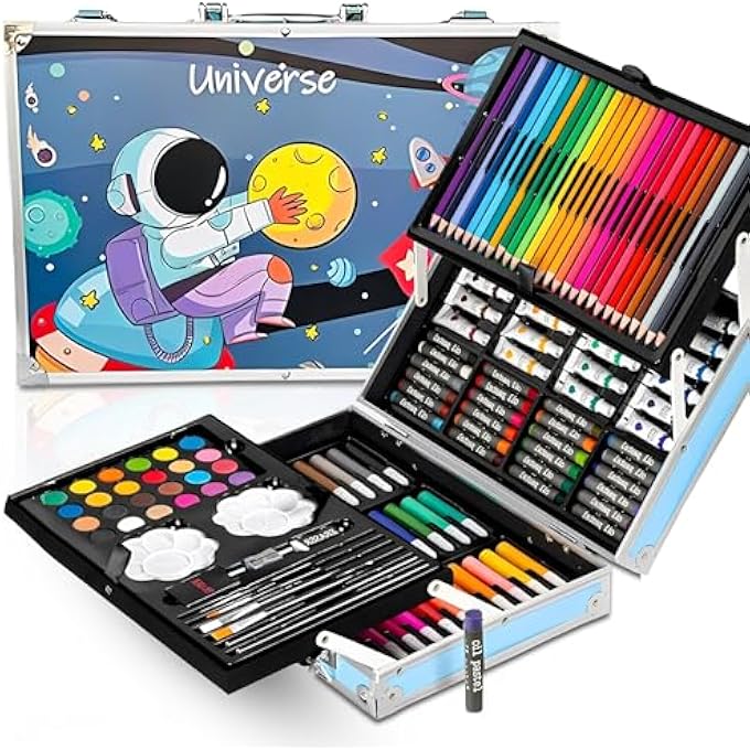 SPACE ART KIT FOR KIDS – 145 PCS DRAWING & PAINTING SET WITH COLOR PENCILS, OIL PASTELS, PAINT BRUSHES, CRAYONS & ACCESSORIES | CREATIVE ART & CRAFT BOX FOR BOYS & GIRLS, MOON & ASTRONAUT THEME - Image 1