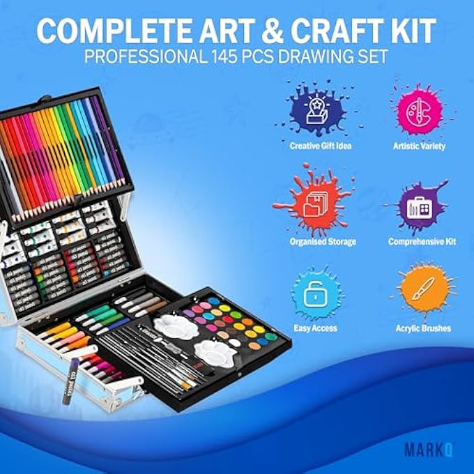 SPACE ART KIT FOR KIDS – 145 PCS DRAWING & PAINTING SET WITH COLOR PENCILS, OIL PASTELS, PAINT BRUSHES, CRAYONS & ACCESSORIES | CREATIVE ART & CRAFT BOX FOR BOYS & GIRLS, MOON & ASTRONAUT THEME - Image 3