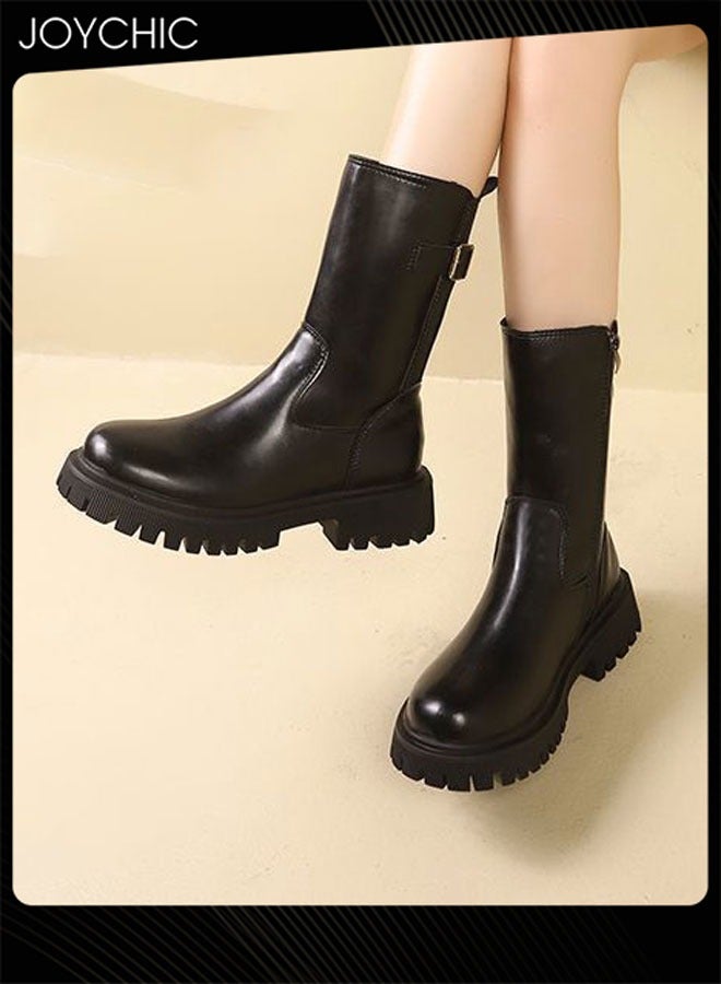 Joychic أحذية كاحل أنيقة للنساء بارتفاع منتصف الساق، مناسبة لفصل الخريف والشتاء، ذات رأس دائري، مريحة ومتينة - Image 1