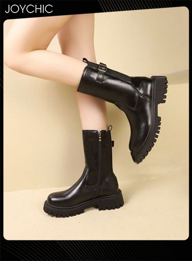 Joychic أحذية كاحل أنيقة للنساء بارتفاع منتصف الساق، مناسبة لفصل الخريف والشتاء، ذات رأس دائري، مريحة ومتينة - Image 2