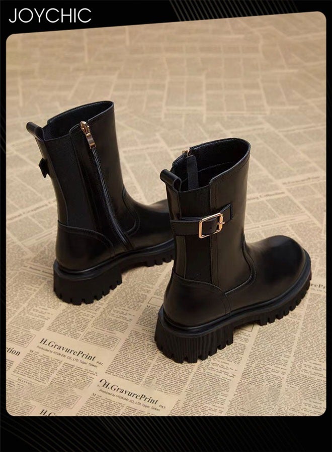 Joychic أحذية كاحل أنيقة للنساء بارتفاع منتصف الساق، مناسبة لفصل الخريف والشتاء، ذات رأس دائري، مريحة ومتينة - Image 4