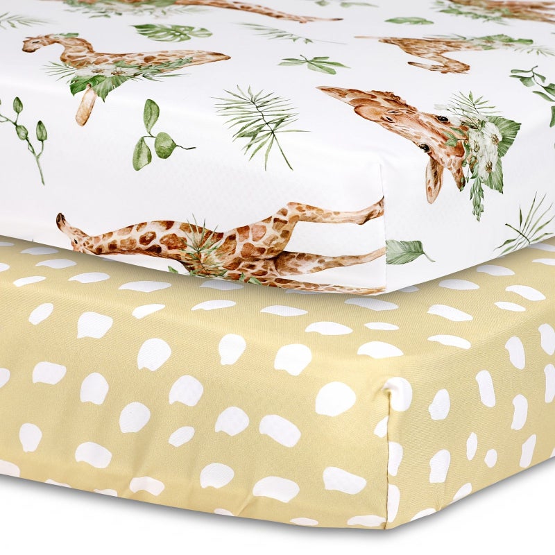 2 Pack Kids Jungle Animal Fitted Bed Sheet Rainbow Color Soft Microfiber Bed Cover Giraffe And Monkey Prints Breathable Newborn Sheet Suitable For 0 2 Years 47 24 X 23 62 Inch - Image 2