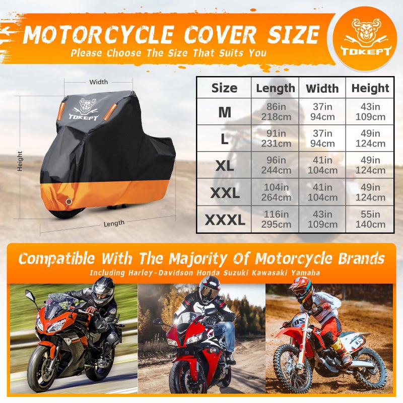 Tokept Motorcycle Cover - Waterproof Outdoor Storage Bag, Made of Heavy Duty Material with Locking Holes and Reflective Strip, Fits 96 inch Harley Davidson and All Motors (Black&Orange XL) - Image 2