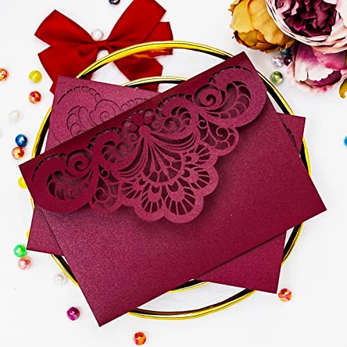 Builcker 20 Pcs Laser Cutting Burgundy Invitation Card Greeting Card Graduation Party Wedding Birthday Party Invitations Invitation Pocket With Envelope (Burgundy) - Image 1