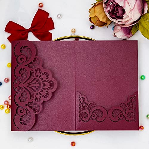Builcker 20 Pcs Laser Cutting Burgundy Invitation Card Greeting Card Graduation Party Wedding Birthday Party Invitations Invitation Pocket With Envelope (Burgundy) - Image 3