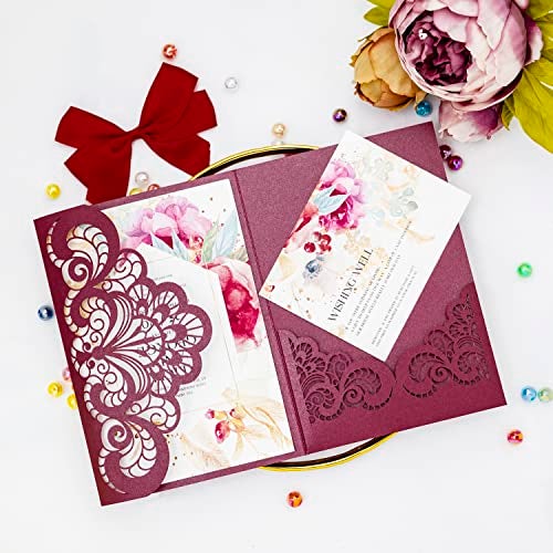 Builcker 20 Pcs Laser Cutting Burgundy Invitation Card Greeting Card Graduation Party Wedding Birthday Party Invitations Invitation Pocket With Envelope (Burgundy) - Image 5