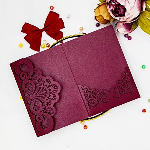 Builcker 20 Pcs Laser Cutting Burgundy Invitation Card Greeting Card Graduation Party Wedding Birthday Party Invitations Invitation Pocket With Envelope (Burgundy) - Image 4