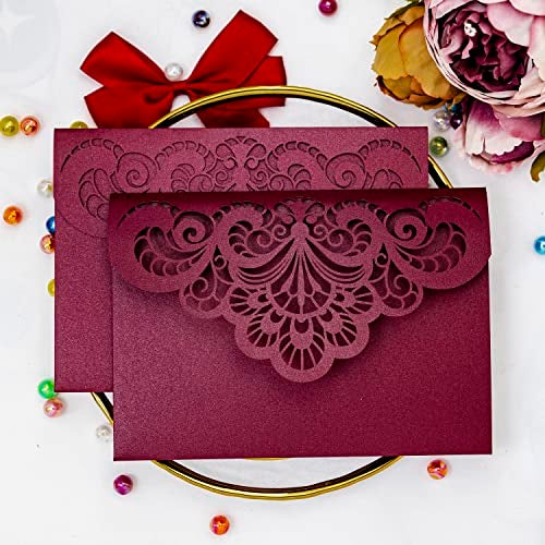 Builcker 20 Pcs Laser Cutting Burgundy Invitation Card Greeting Card Graduation Party Wedding Birthday Party Invitations Invitation Pocket With Envelope (Burgundy) - Image 2