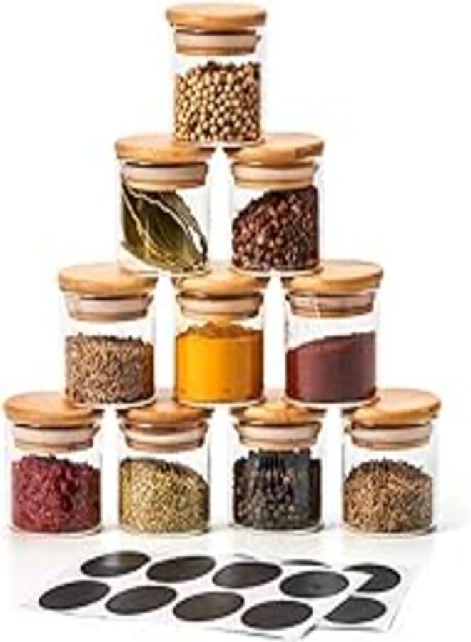EZOWare EZOWARE Set of 10 Glass Spice Jars, 70ml Airtight Clear Decorative Herbs Small Bottles with Natural Bamboo Lids and Chalkboard Labels 