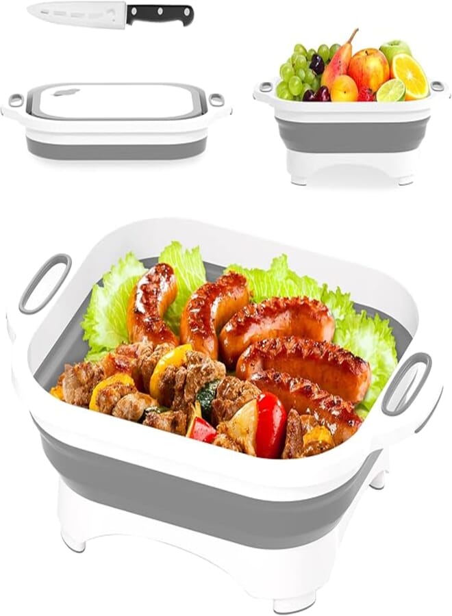 HI NINGER Multifunction Silicone Chopping Board with Towel, Space Saving 3 in 1 Multifunction Storage Basket (Grey)