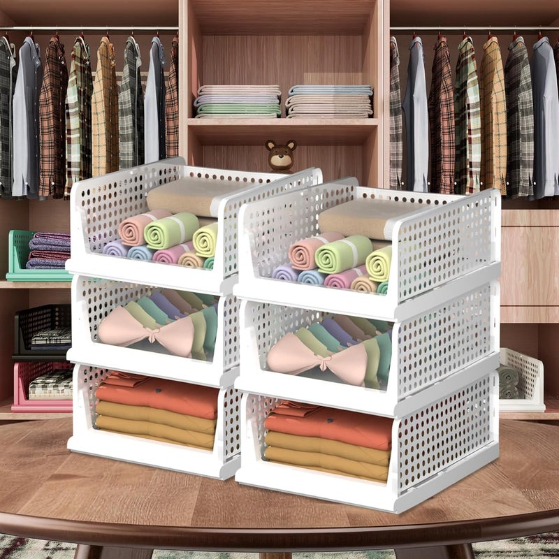 Kuber Industries Storage Organizer Wardrobe Organizer For Clothes Cupboard Organizer Foldable Shirt Stacker Box Cloth Box for Almirah Closet Storage Basket Large Pack of 6 White - Image 1