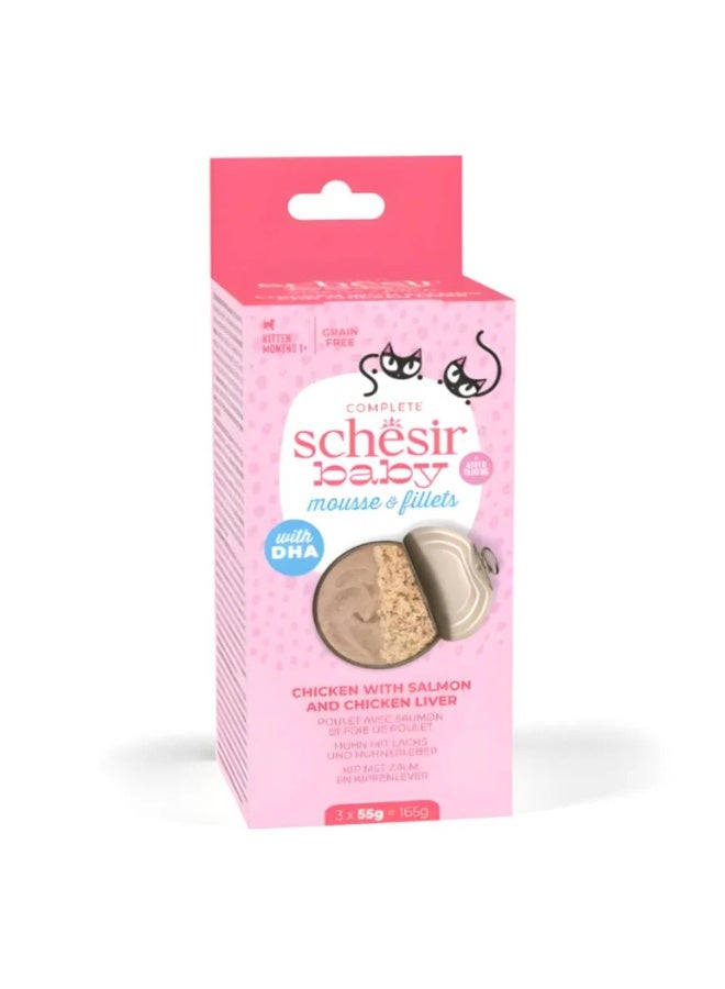 Schesir - Baby Cat Can Multipack Mousse & Fillets - Chicken With Salmon & Chicken Liver - 165g (3 Cans x55g)