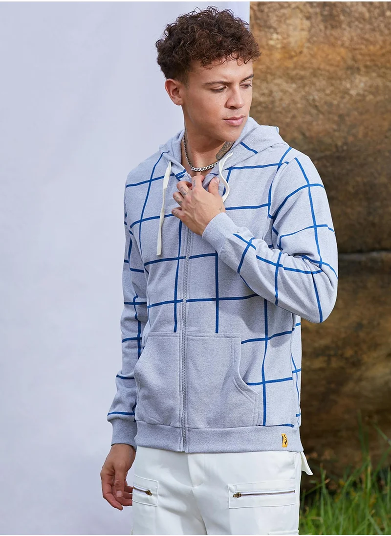 كامبوس سوترا Men's Light Grey Contrast Graph Check Hoodie With Zip-Closure