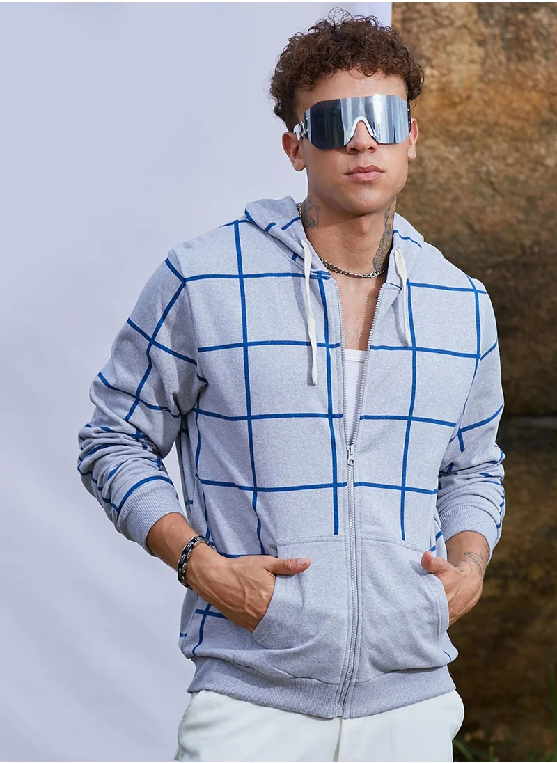 كامبوس سوترا Men's Light Grey Contrast Graph Check Hoodie With Zip-Closure