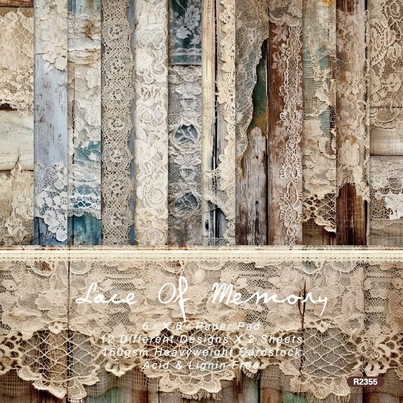 DESEACO Vintage Lace & Wood Scrapbook Paper Pad 6x6, Single-Sided, 12 Designs, 24 Sheets, DIY Crafts, Scrapbooking Supplies - Image 1