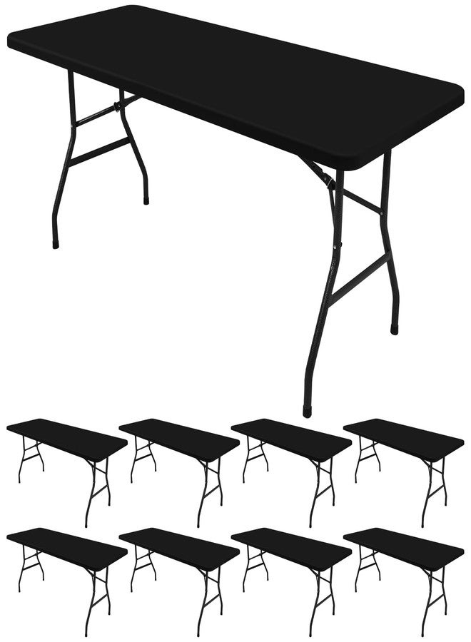 Showgeous 8 Pack Stretch Fabric Table Top Cap Cover, Elastic Fitted Tablecloths for 8 Foot Rectangle Tables, Washable Spandex Picnic Table Cover for Outdoor Camping Patio Banquet Party (Black, 30" W x 96" L) - Image 1