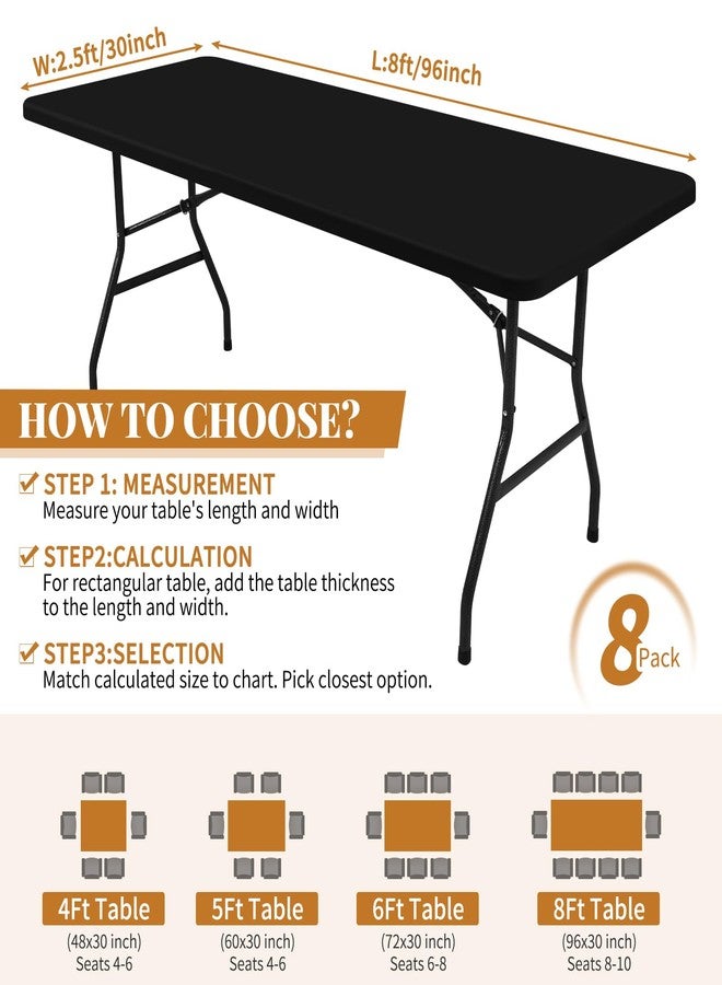 Showgeous 8 Pack Stretch Fabric Table Top Cap Cover, Elastic Fitted Tablecloths for 8 Foot Rectangle Tables, Washable Spandex Picnic Table Cover for Outdoor Camping Patio Banquet Party (Black, 30" W x 96" L) - Image 2