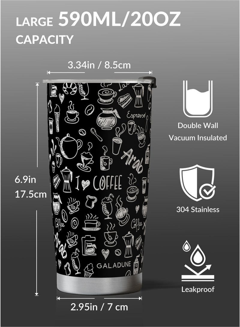 GALADUNE Travel Coffee Mug 20OZ Stainless Steel Double-wall Vacuum Insulated Coffee Cup with Straw and Brush, Creative Coffee Graffiti Tumbler, Suitable for Iced & Hot Drinks, Ideal Gift - Image 3