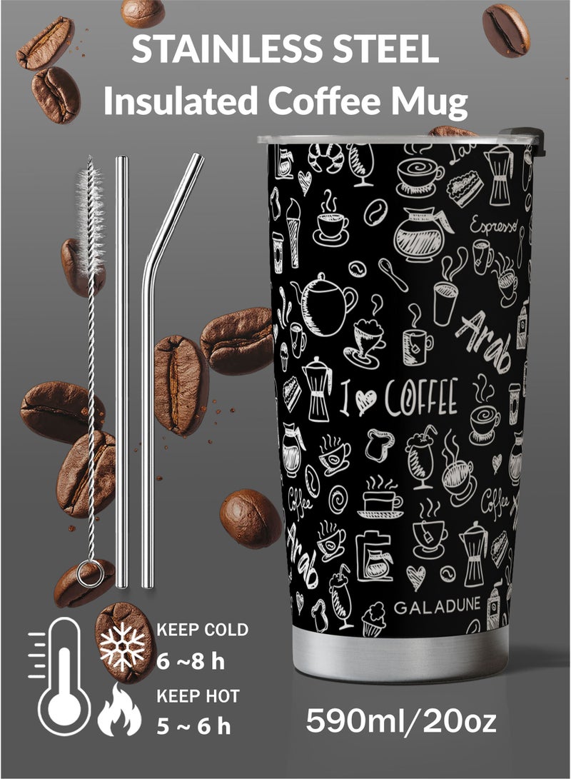 GALADUNE Travel Coffee Mug 20OZ Stainless Steel Double-wall Vacuum Insulated Coffee Cup with Straw and Brush, Creative Coffee Graffiti Tumbler, Suitable for Iced & Hot Drinks, Ideal Gift - Image 4