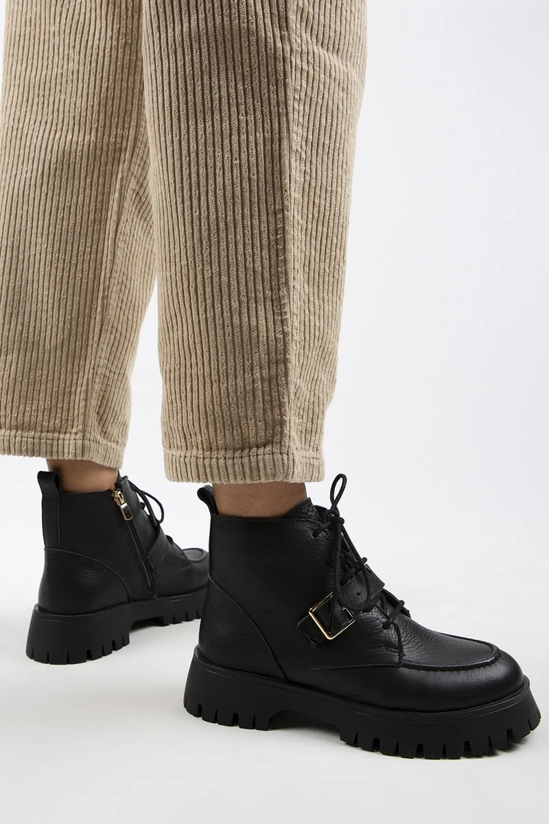 Manijero Manijero Samantha Women's Genuine Leather Lace-up Zipper Buckle Black Boots