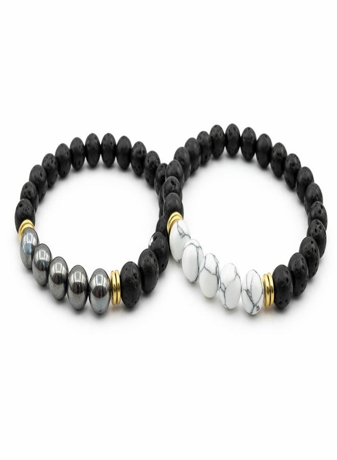 ANAIZA Men’s Latest Lava Stone Black & White Bracelet Combo | Black Volcanic Bead Bracelets with White Howlite | Stretch Bracelet Set for Men, Couples & Boys | Trendy Wrist Bands For Girls