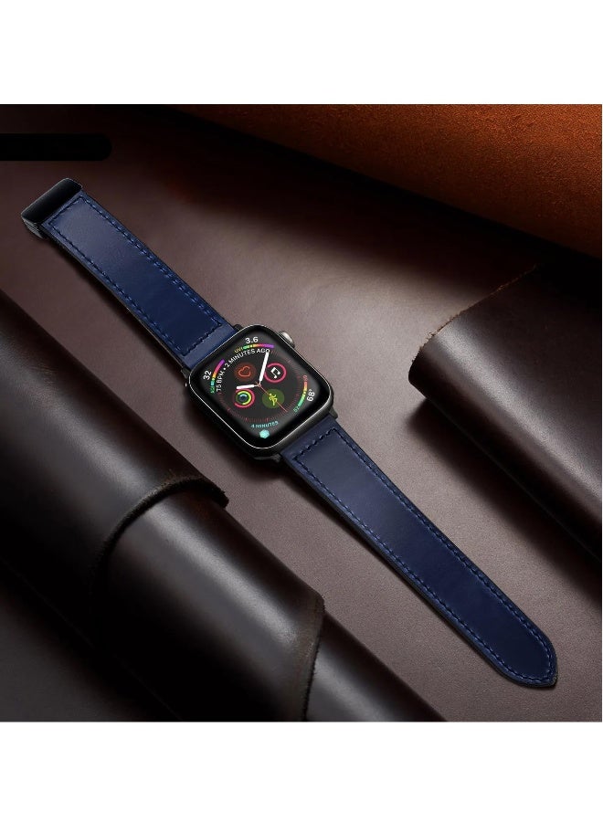 Magnetic Leather Watch Band for Apple Watch Ultra 49mm, 45mm, 44mm, 42mm, Genuine Leather Strap with Magnetic Buckle for Apple Watch Ultra 2 9 8 7 Series, Blue  - Image 5