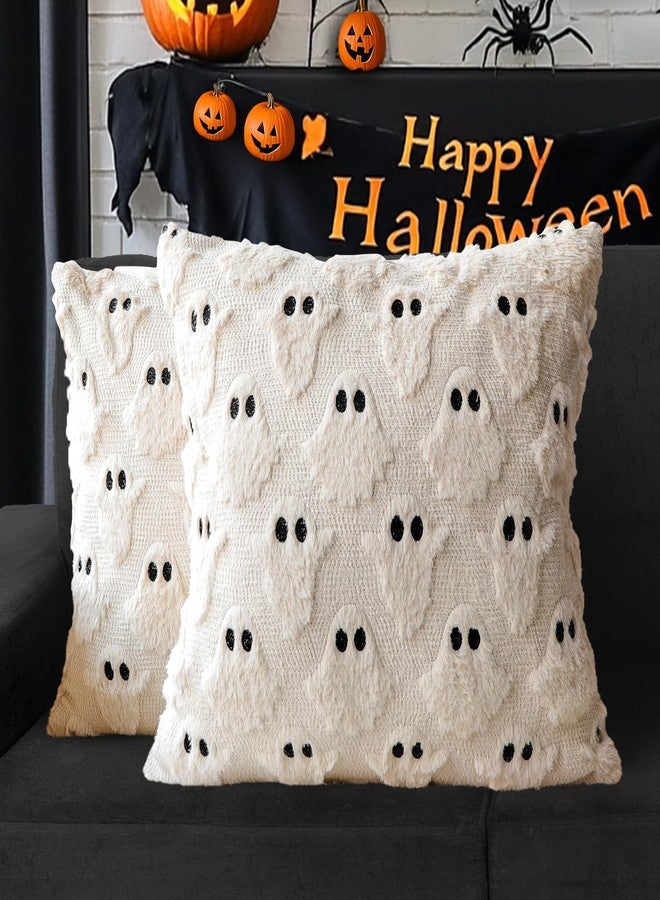 4TH Emotion Halloween Ghost Decorative Pillow Covers 20x20 Set of 2, Beige Soft Plush Faux Fur Farmhouse Throw Cushion Cases for Fall Autumn Holiday Home Decorations - Image 1