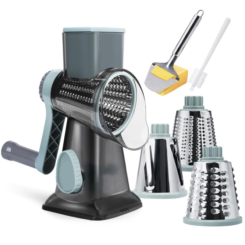 Redpant Cheese Grater Hand Crank  Manual Cheese Shredder With 3 Interchangeable Blades  Rotary Cheese Grater With Strong Suction Base  Easy To Use And Clean  Greyblue - Image 1