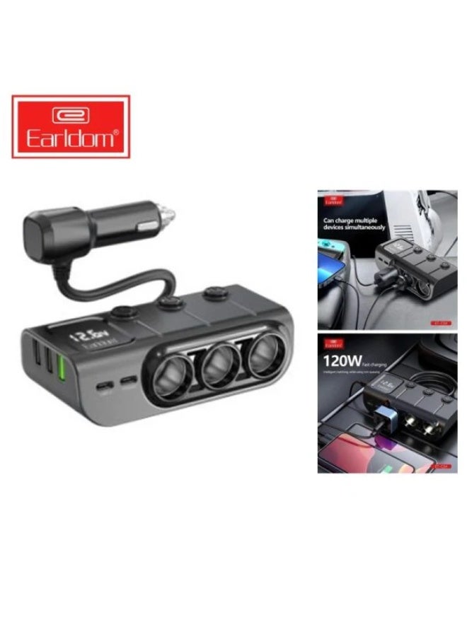 Earldom Multi-Socket Car Power Adapter with 3 Cigarette Lighter Ports, Dual Type-C PD Outputs, Wired Connection, Fast Charging, Black - Image 3