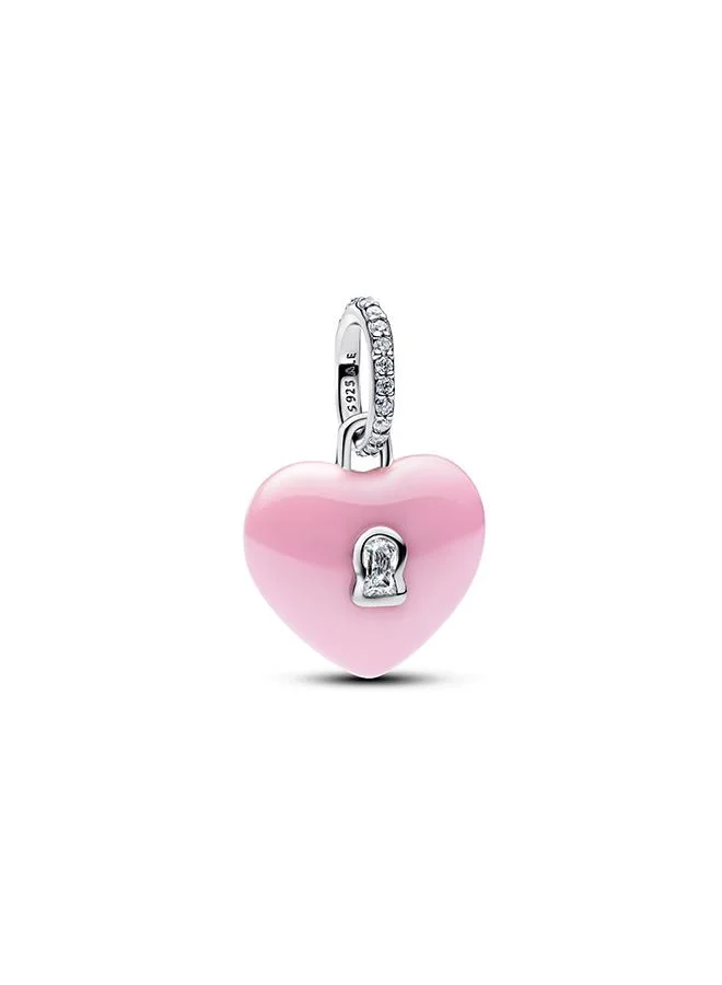 PANDORA Pink Ceramic Heart Padlock Dangle Charm