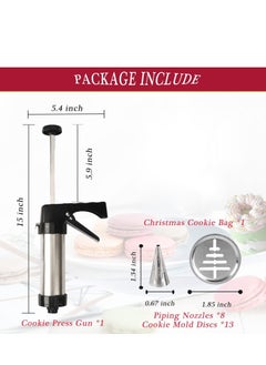 Generic Cookie Press, Baking-Stainless Steel Cookie Press Gun+13 Cookie Discs+8 Icing Nozzles, Spritz Cookie Press Gun Kit for Making and Decorating Cookies  - Image 2