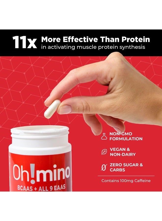 Oh!mino Oh! Nutrition - Muscle Synthesis Activator, Electrolyte Capsules with Essential Amino Acids & 100mgs of Pharma-Grade Caffeine, Pre Workout, Post Workout for Men and Women, 180 Vegan Capsules - Image 2