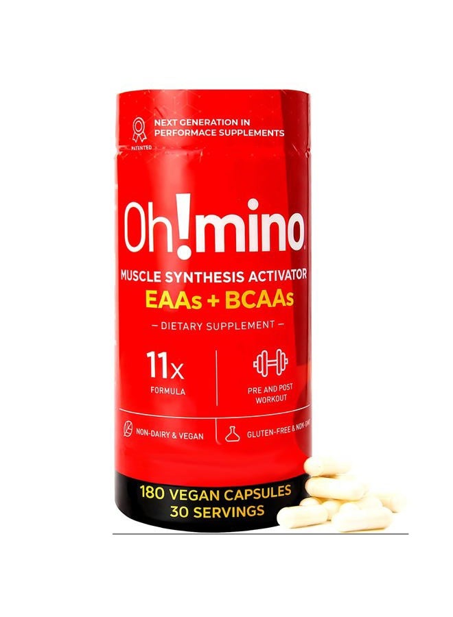 Oh!mino Oh! Nutrition - Muscle Synthesis Activator, Electrolyte Capsules with Essential Amino Acids & 100mgs of Pharma-Grade Caffeine, Pre Workout, Post Workout for Men and Women, 180 Vegan Capsules - Image 1
