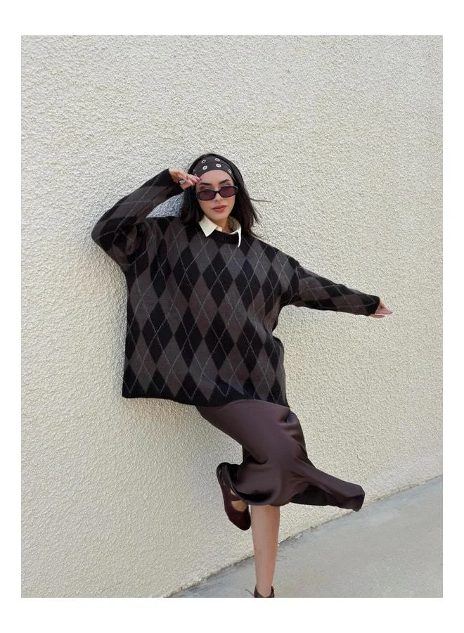 mina aise Women's Bitter Coffee Oversize Striped Eco Soft Sweater 5581.