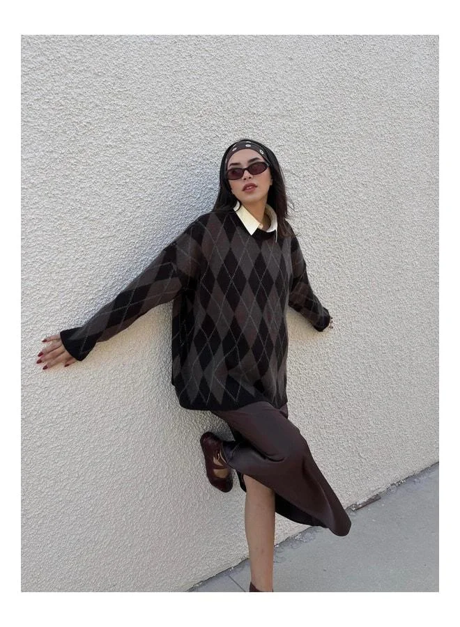 mina aise Women's Bitter Coffee Oversize Striped Eco Soft Sweater 5581.