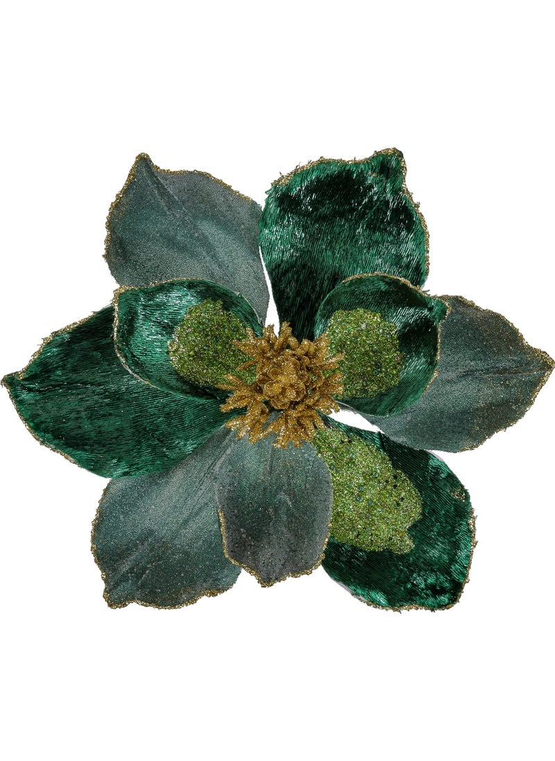 Briful Briful 10 Large Heads Christmas Glitter Magnolia Flowers Christmas Tree Ornaments Set of 3 Giant Artificial Flowers with Long Stems for Xmas Tree Holiday Decorations  Green  - Image 1
